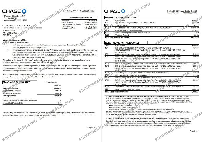USA JP Morgan Chase bank statement template in .xls and .pdf file format, 2 pages